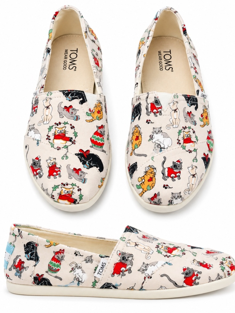 TOMS Women’s Alpargata Cat Christmas Holiday Canvas Slip On Shoes US 8.5 NWOT
